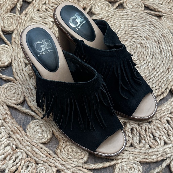 Gianni Bini Shoes - Gianni Bini Black Fringe Mule Sandals Size 8 | Boho Slide Heels